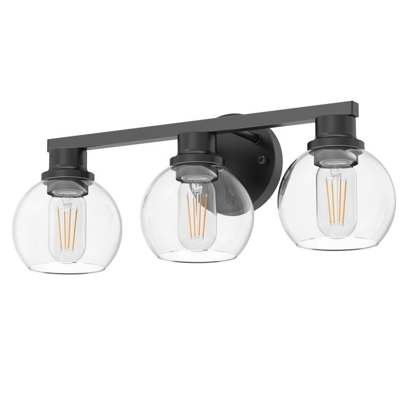 YANSUN 3-Light Mirror Vanity Light, Black Base, E26 Sockets, Large Clear Globe Glass Shades for Modern Bathroom Décor