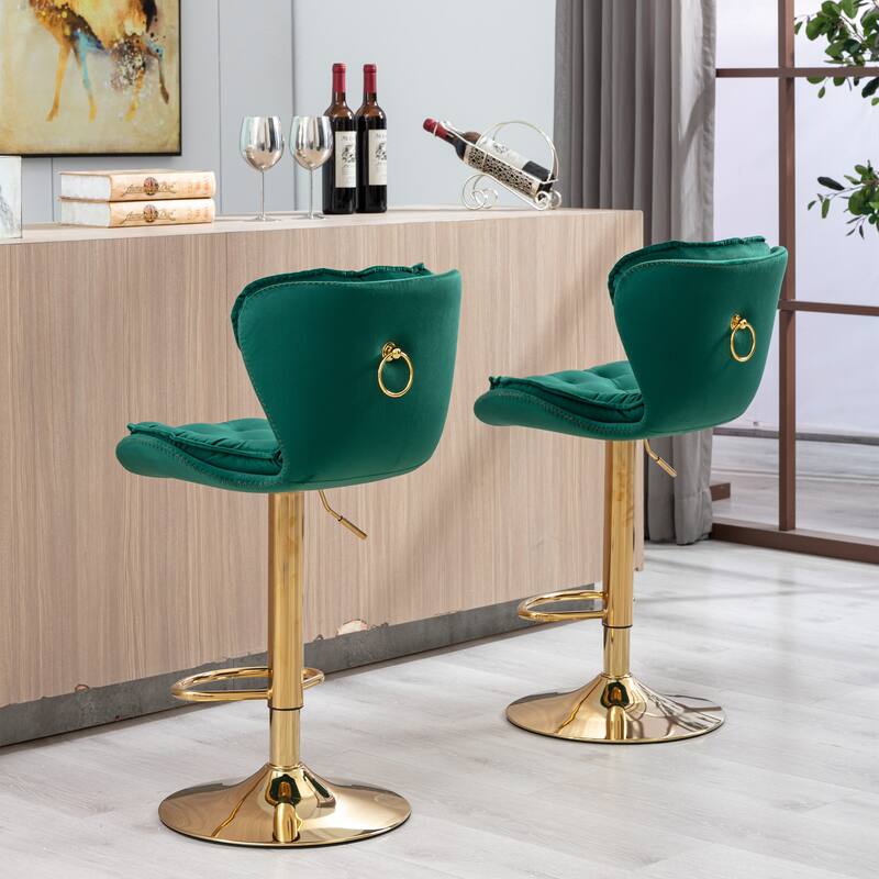 Set of 2 Adjustable Swivel Bar Stools, Green Velvet with Chrome Footrest & Gold Legs
