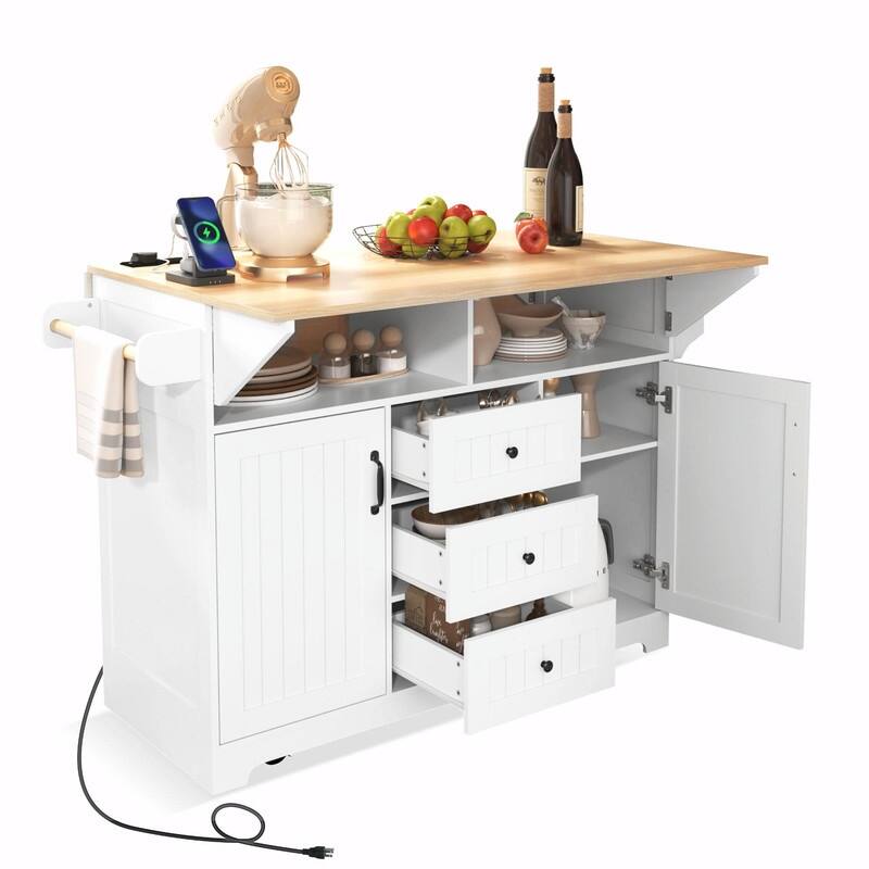 55.7" Rolling Kitchen Island with Double Drop Leaf, Power Outlet, 3 Drawers, Spice & Towel Rack, Folding Dining Table Cart