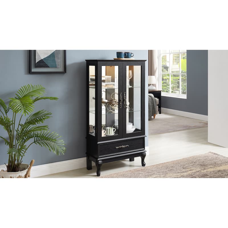 Lighted Curio Cabinet Glass Doors Adjustable Shelves 2 Door Wine Cabinet LED Black Drawer