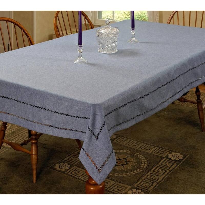 Violet Linen Hem Stitch Border Vintage Pattern Tablecloth - 68" X 140" - Blue