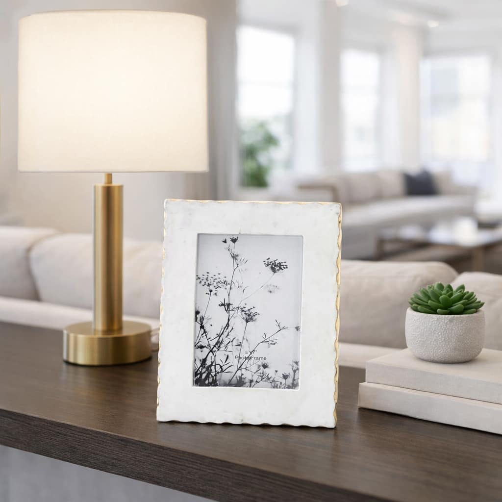 Modern Floral Rectangular Marble and Wood Picture Frame