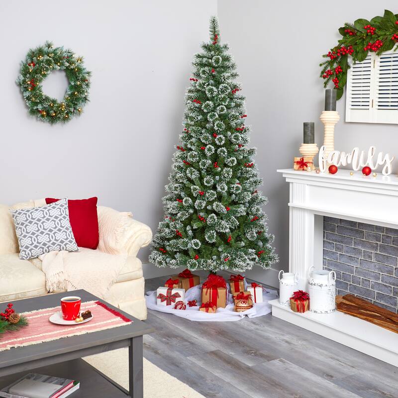 7’ Frosted Swiss Pine Berries Artificial Christmas Tree Warm Clear LED - 7 Foot