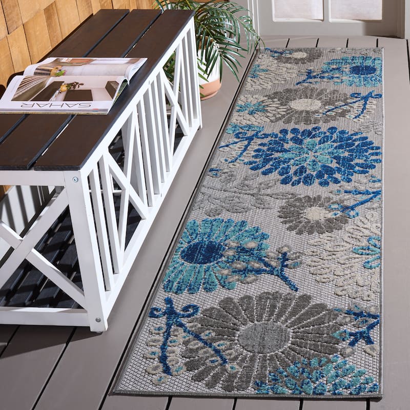 SAFAVIEH Cabana Hillechien Indoor/ Outdoor Waterproof Patio Floral Rug - 2' x 14' Runner - Grey/Blue
