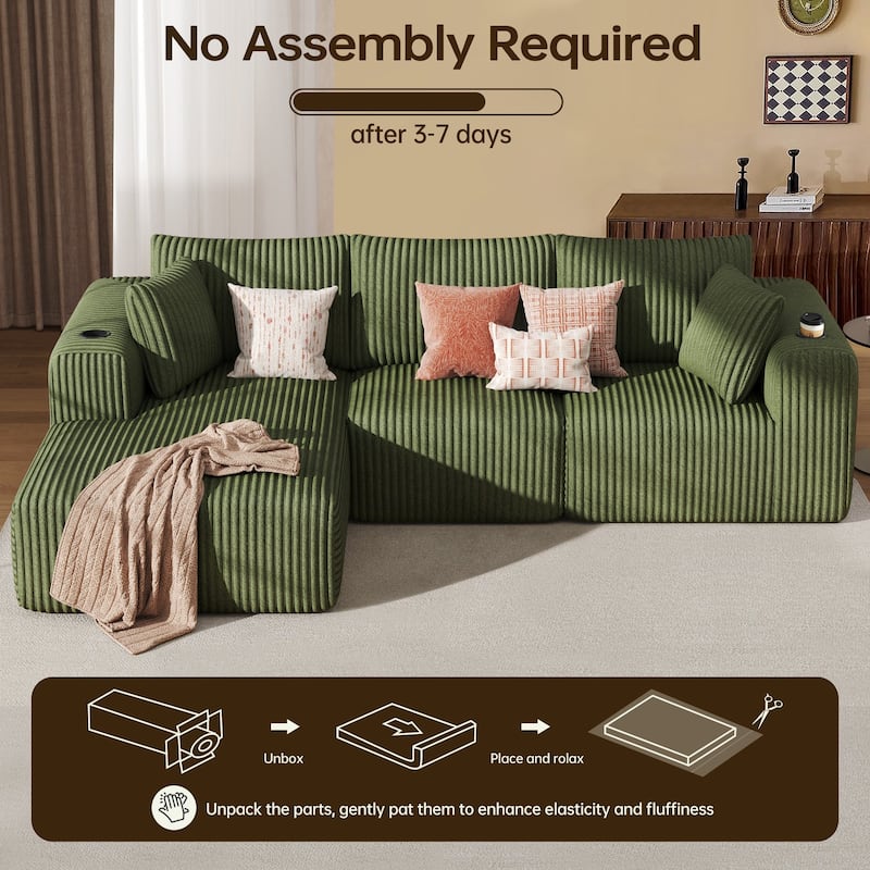 108" Cloud Sectional Couch with Chaise Lounge, L Shaped Modular Modern Sofa with Cup Holder, No Assembly Required