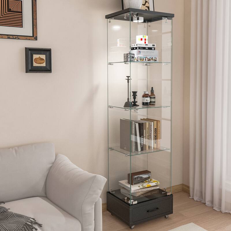 Glass Display Cabinet With Drawer,Cabinet With Led Lights,Tempered Glass Bookshelf, 1-Door Storage Case With 4 Shelves - Black+Beige