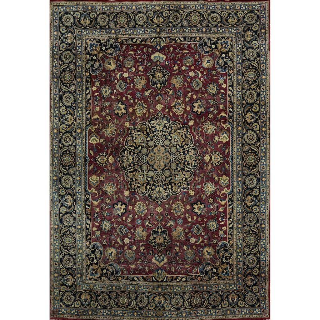 Hand Knotted Oriental 100% Wool Carpet Traditional Floral Red Mashad Area Rug - 13' 0'' X 9' 10''