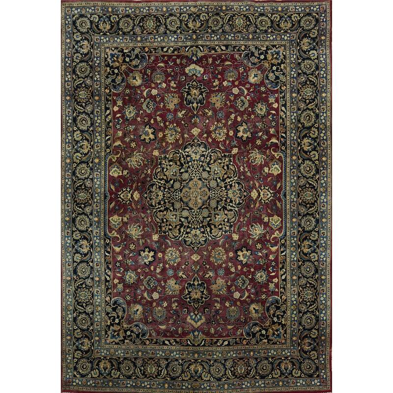 Hand Knotted Oriental 100% Wool Carpet Traditional Floral Red Mashad Area Rug - 13' 0'' X 9' 10''