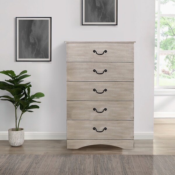 Benjara Bran 48 inch 5 Drawer Tall Dresser Chest Pine Wood Scalloped Light Brown