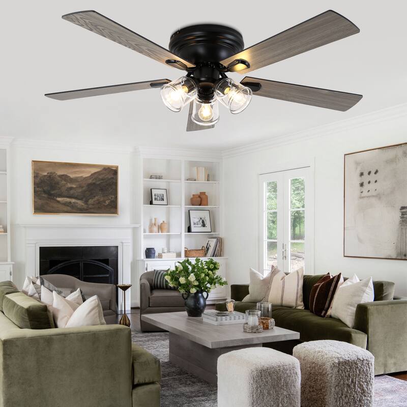 Bella Depot 52" 3-Light Brown Flush Mount Ceiling Fan with Light and Remote Control 6-speed Reversible Timer DC Motor