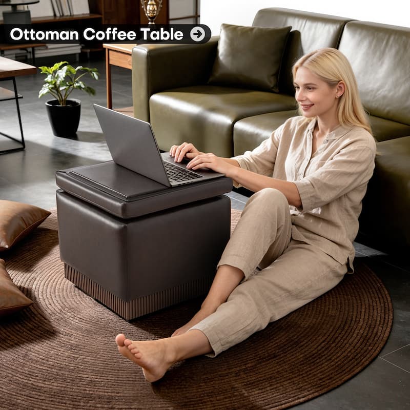 Swivel Storage Ottoman Bench Footstool with Flip-top and Acacia Frame