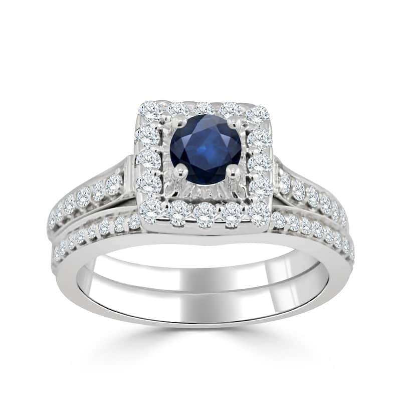 Auriya 2/5ct Round Blue Sapphire and Halo Diamond Engagement Ring Set 14k Gold