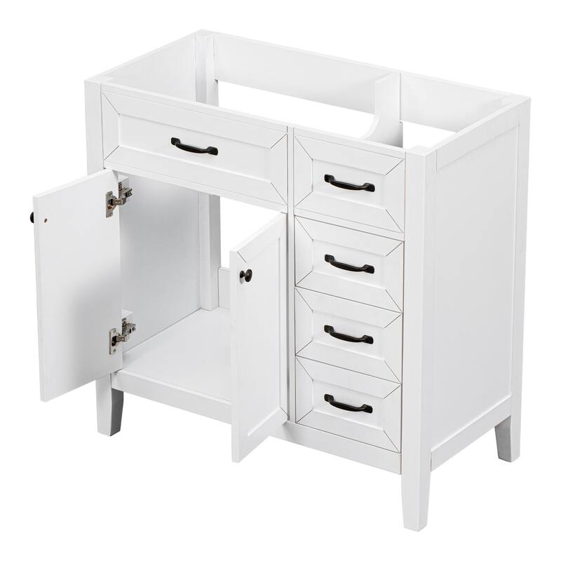 36" Modern White Bathroom Vanity Cabinet Base, 2 Doors & 3 Drawers, Solid Rubber Wood & MDF