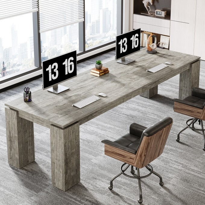 86-Inch Wood Two Person Desk, Modern Double Computer Desk - Grey