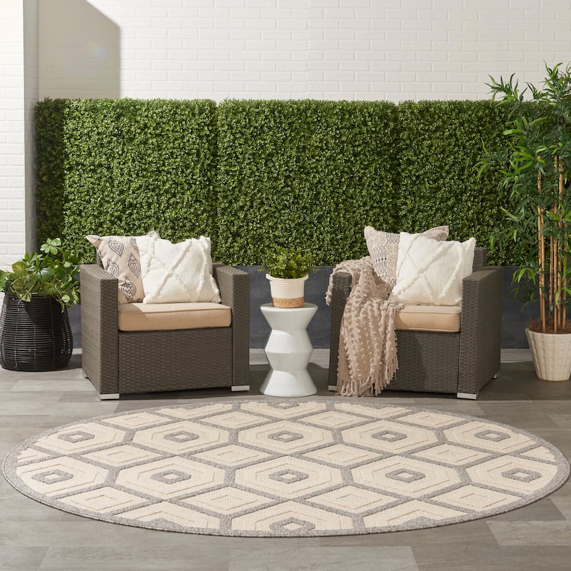 Nourison Palamos Modern Textured Geometric Indoor Outdoor Area Rug - 7'10"  Round - Cream