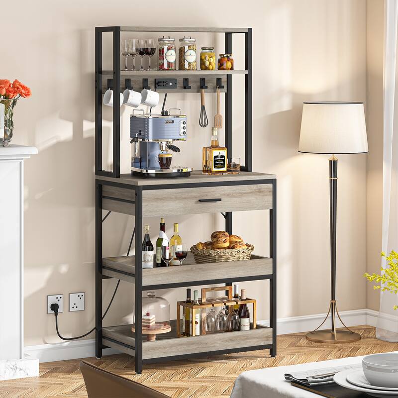 5-Tier Kitchen Bakers Rack with 4 Power & USB Outlets, Microwave Stand with Drawers and Shelves