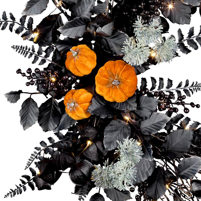 National Tree Company 20" Artificial Halloween Half Wreath with Pumpkins, 30 Warm White LED Lights, Battery Operated - 20 in