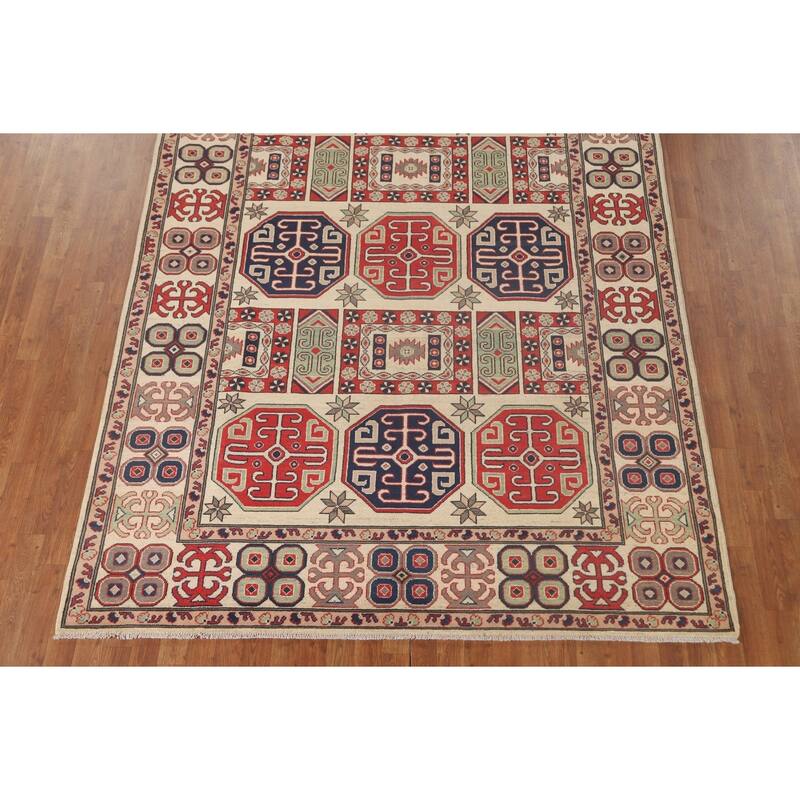 All-Over Geometric Kazak Area Rug Handmade Wool Carpet - 6'9" x 9'6"