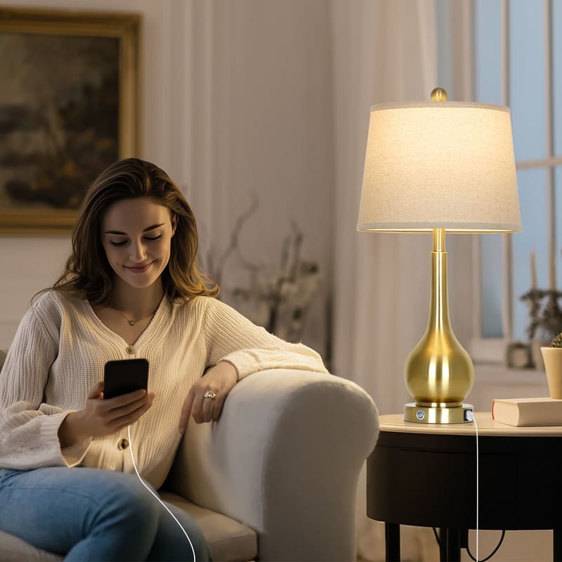 26'' Modern Table Lamps with Dual USB-C Ports & Touch Control - Golden Finish, Oatmeal Fabric Shade (Set of 2)