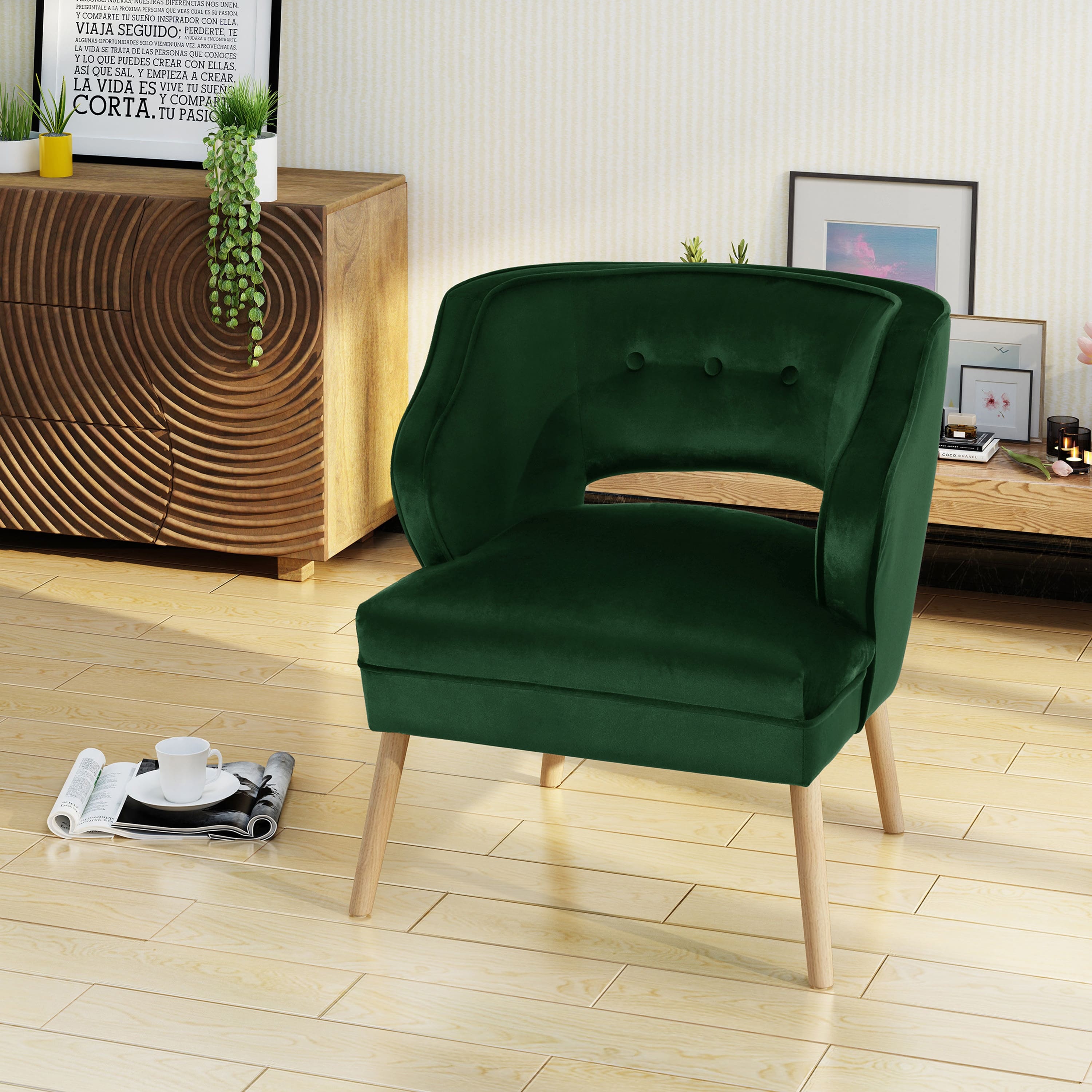 Emerald Green Velvet Armchair with Buttons and Ribbing，Rubber Wood Legs ...