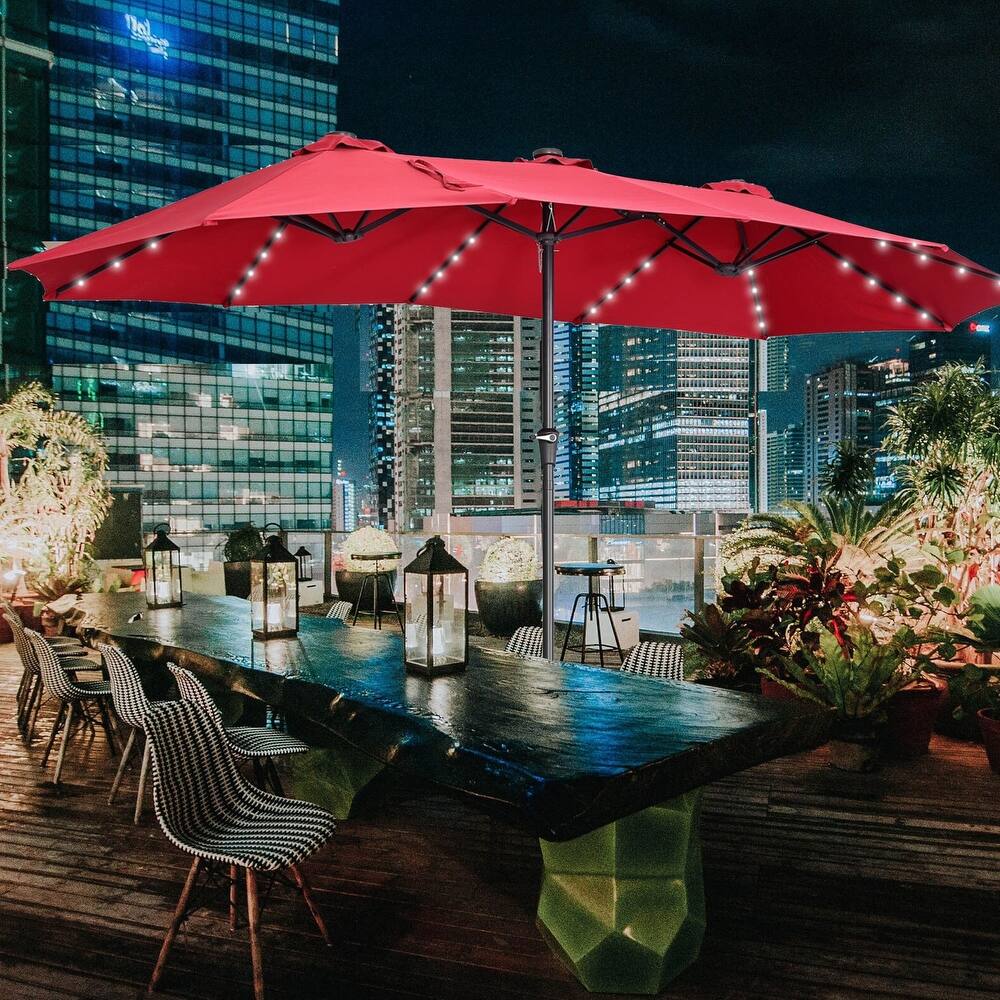 Ainfox 15ft Double-Sided Patio Umbrella with Base Large Outdoor Umbrella with LED Solar Lights
