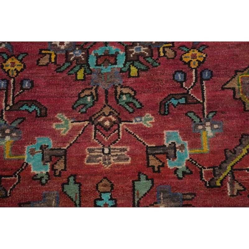 Hand Knotted Oriental 100% Wool Carpet Traditional Floral Pink Heriz Runner Rug - 9' 9'' X 3' 1''