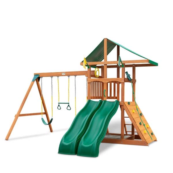 slide 2 of 11, Gorilla Playsets Avalon Wood Swing Set with Vinyl Canopy Roof and Dual Slides - Amber