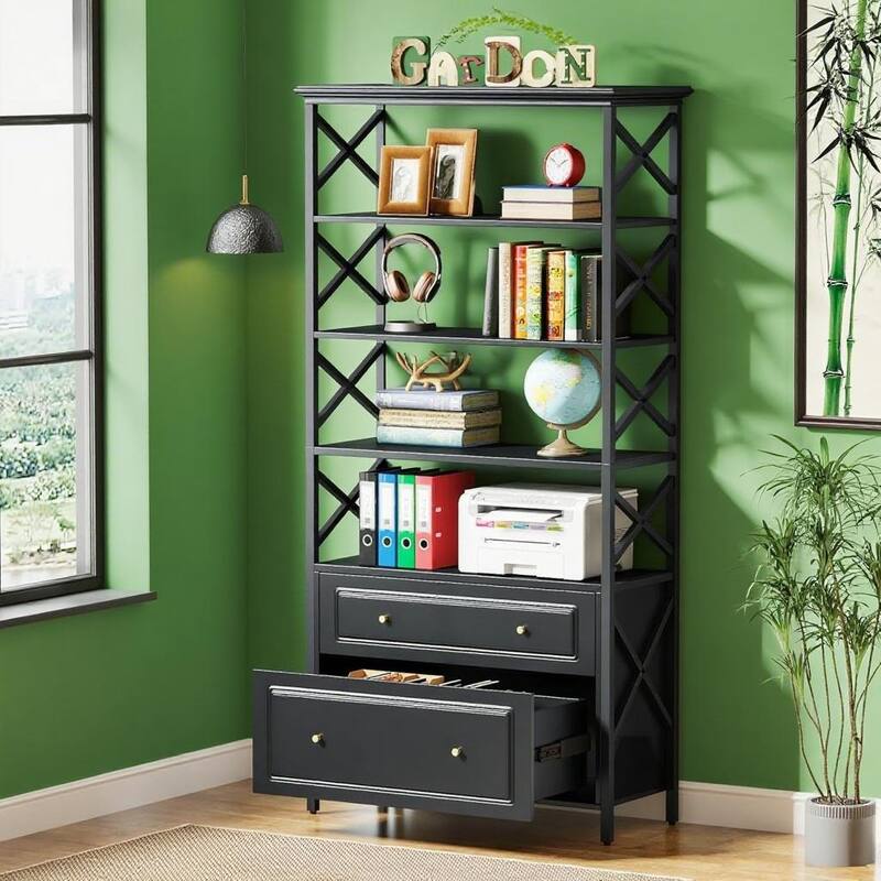 5 Tier Black Bookshelf with 2 Drawers and File Storage Industrial Shelving Unit for Home Office Living Room