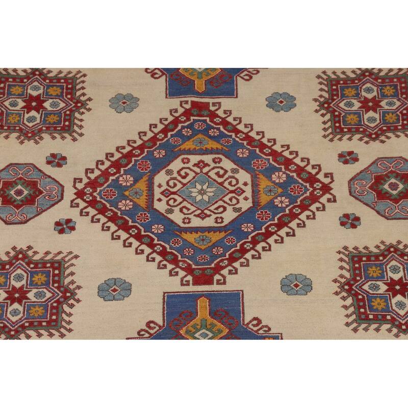 Ivory Geometric Kazak Area Rug Hand-Knotted Wool Carpet - 8'0" x 10'6"