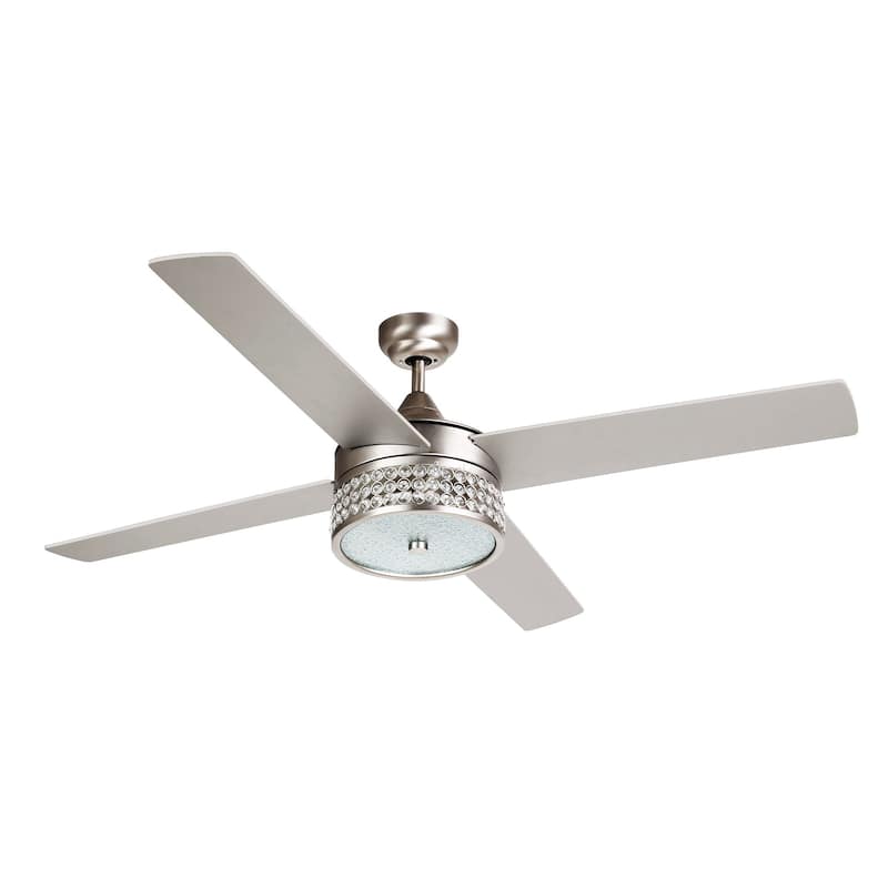 52-inch Satin Nickel/Black 4-Blades Crystal Ceiling Fan with Light Kit