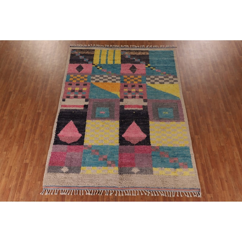 Geometric Plush Moroccan Oriental Area Rug Hand-Knotted Wool Carpet - 7'11" x 10'9"