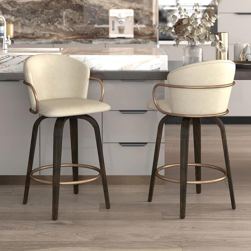 Set of 2 Mid-Century Faux Leather, Wood and Metal 26" Swivel Counter Stool