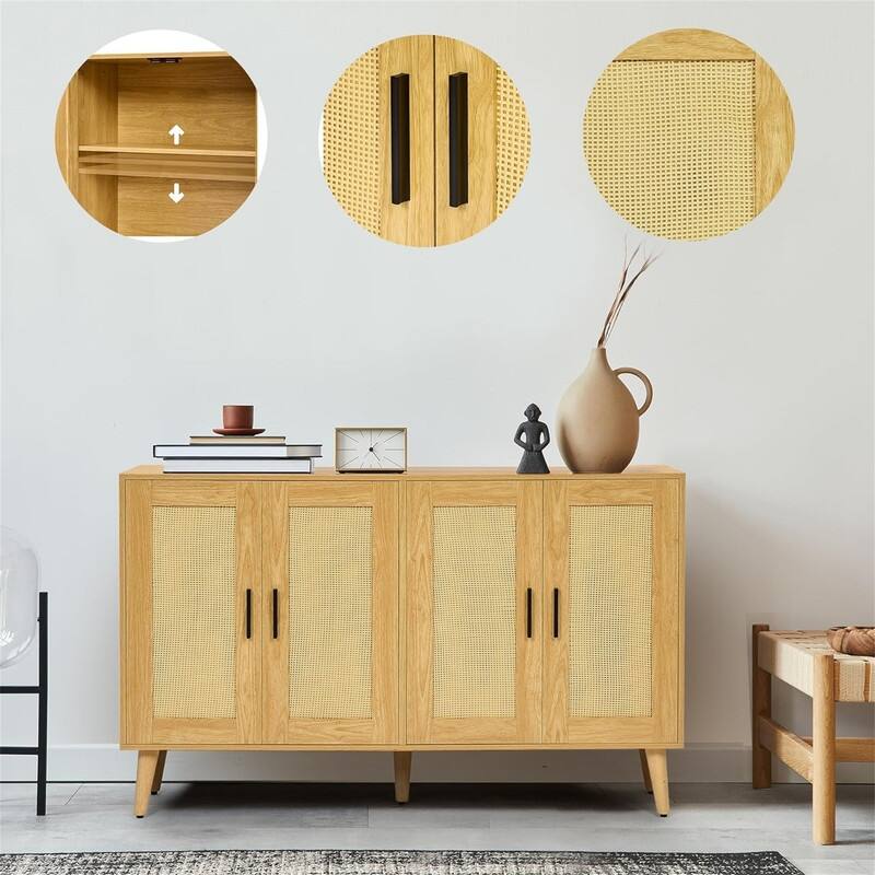 Rattan Sideboard Buffet Cabinet with 4 Doors and Adjustable Shelves - 11.8"D x 47.2"W x 29.5"H