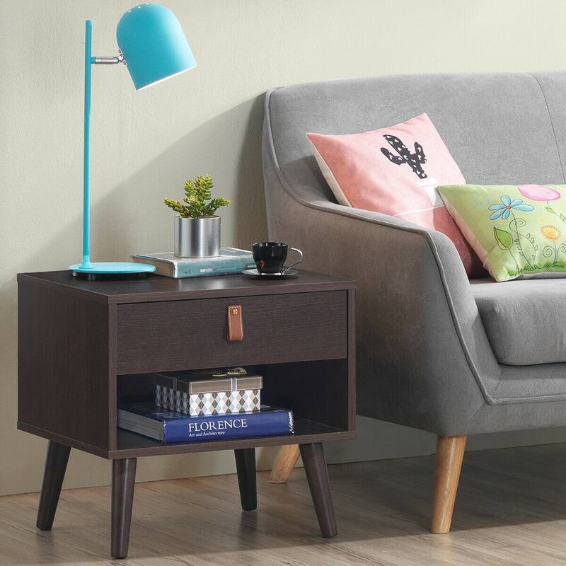 Nightstand Bedroom Table with Drawer Storage Shelf - Brown