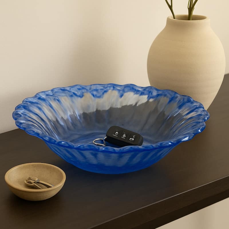Decorative Round Glass Obmre Bowl - Home Decor - 14", Blue & Clear - 14.0"