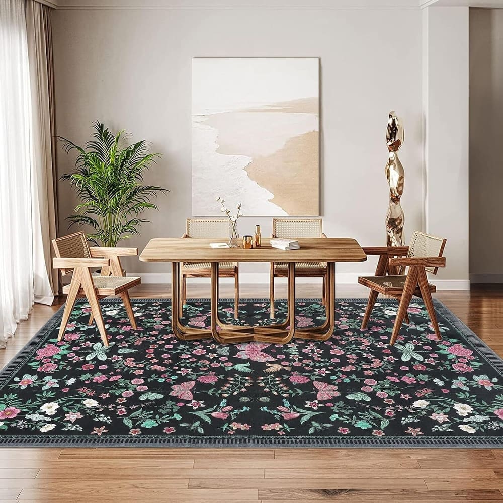 Modern Floral Machine Washable Indoor Waterproof Area Rug for Bedroom, Living Room, Black - 2' x 3'