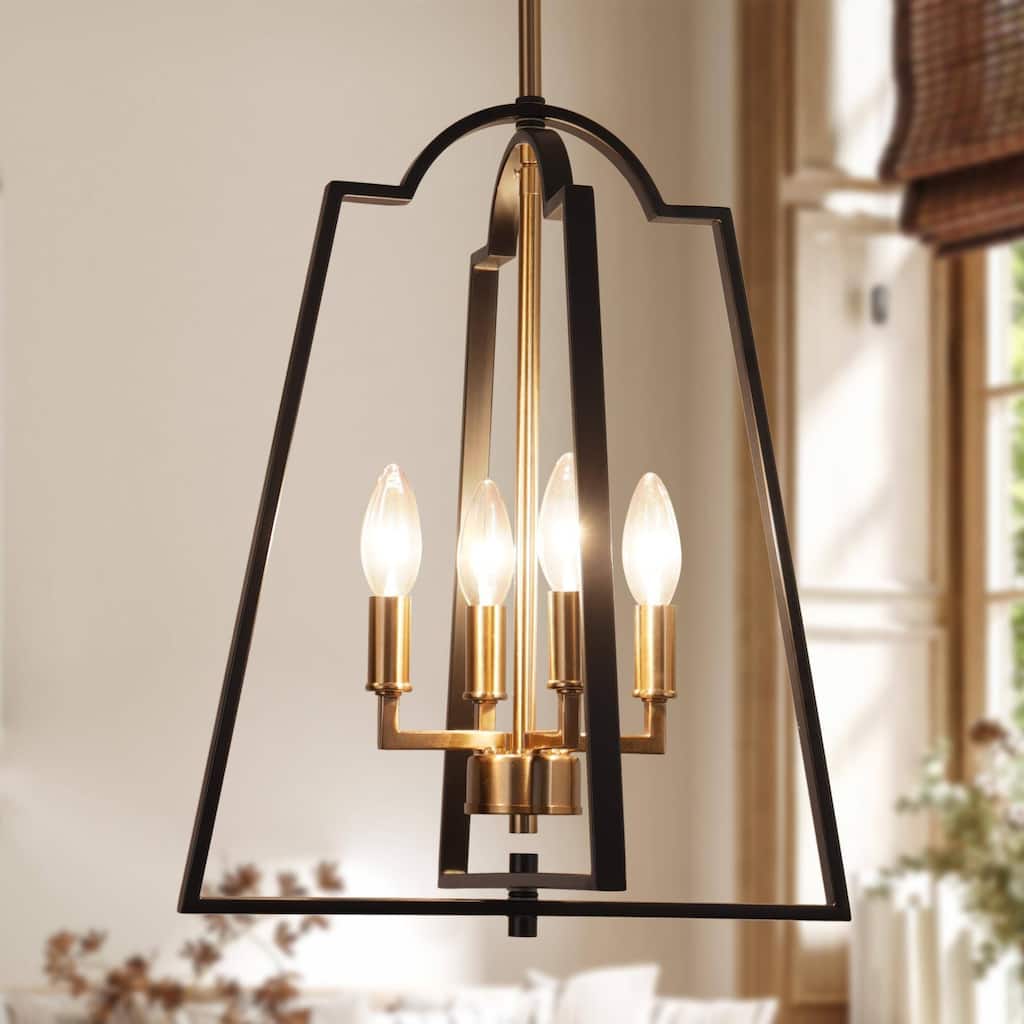 Modern 4-Light Geometric Chandelier Black Gold Pendant Lights for Dining Room - 14" W x 17.5" H