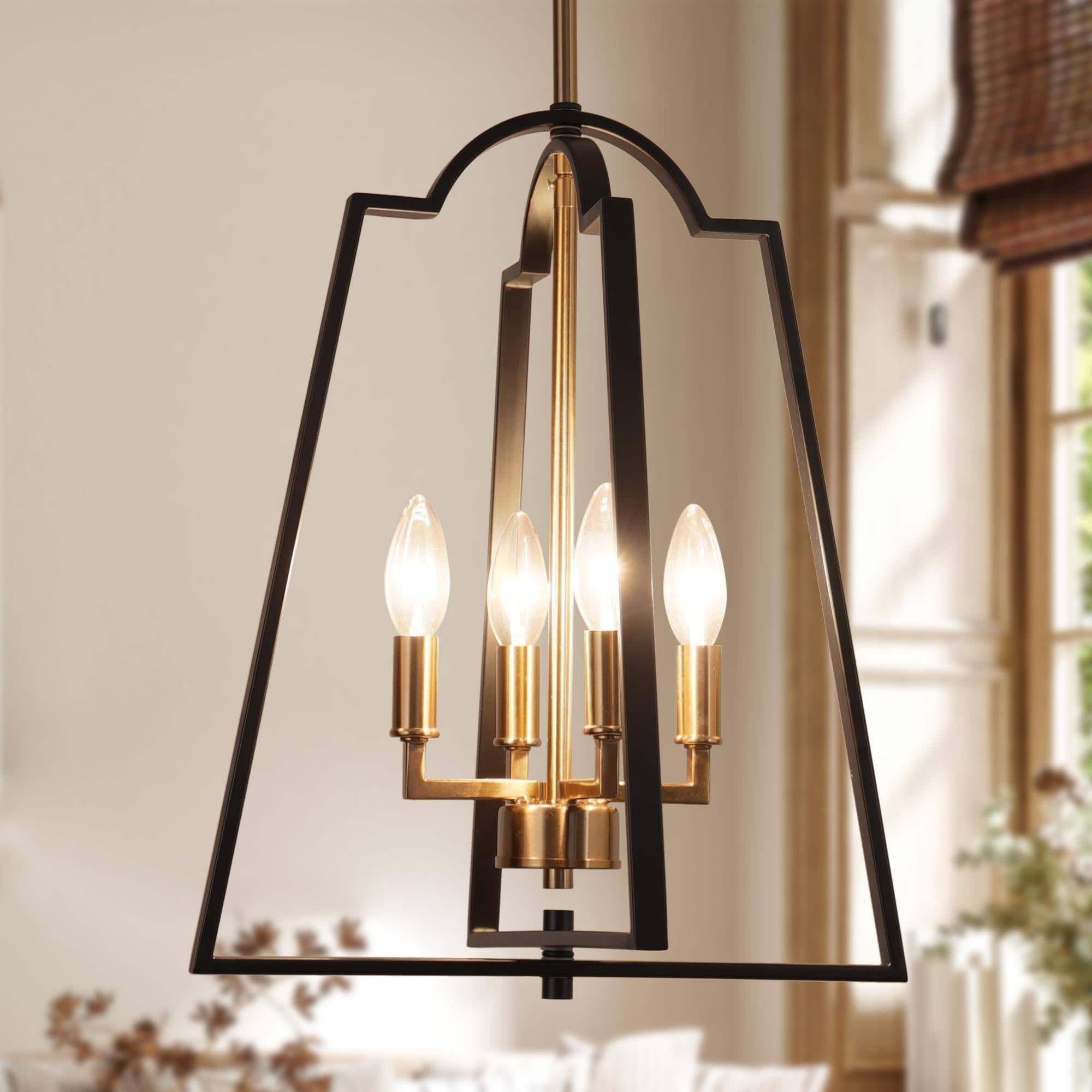 Modern 4-Light Geometric Chandelier Black Gold Pendant Lights for Dining Room - 14" W x 17.5" H
