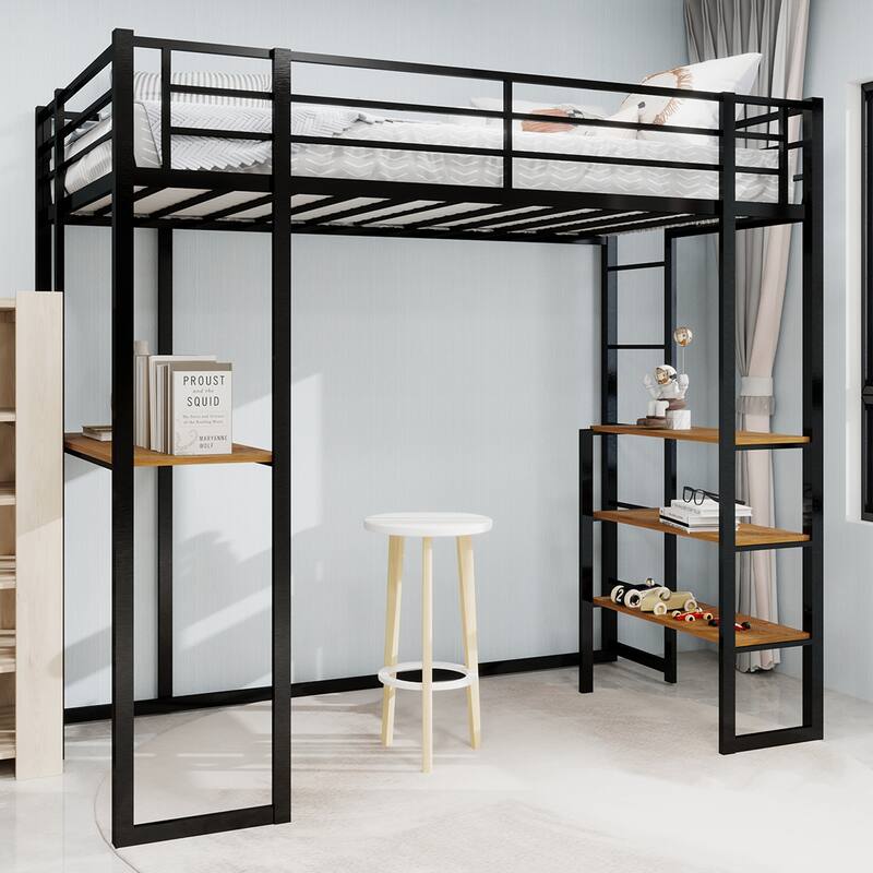 Iron High Loft Bed with Storage Shelves and Desk, Heavy Duty Metal Bed Frame with Safety Guardrail, No Box Spring Needed