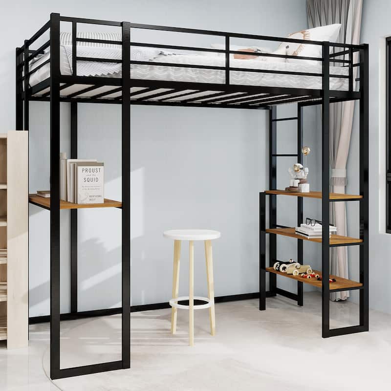 Iron frame bed with bed and table, children's and youth home bed with L-shaped desk, iron frame bed with railing and stairs