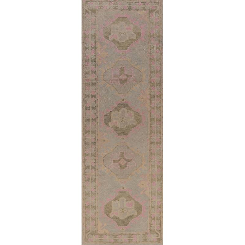 Hand Knotted Oriental 100% Wool Carpet Transitional Geometric Greys & Charcoal Oushak Runner Rug - 12' 11'' X 3' 5''