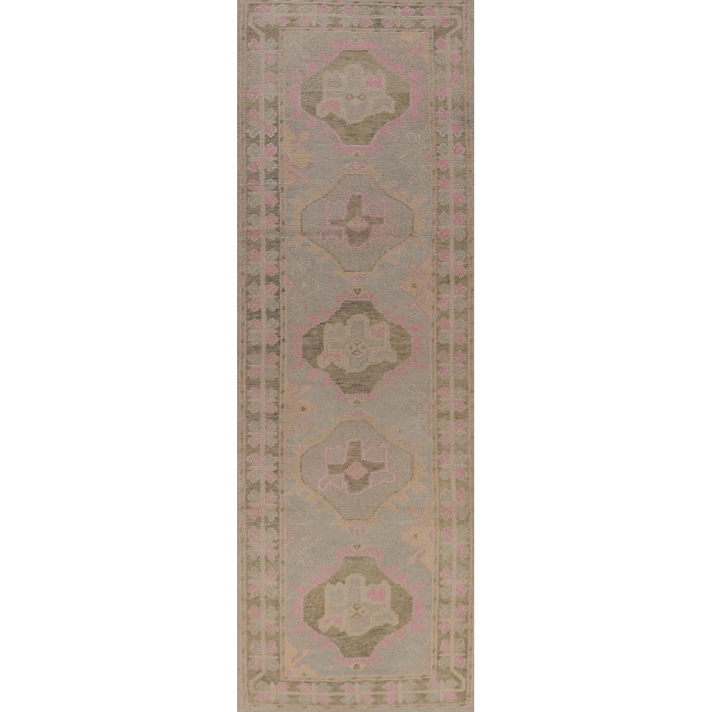 Hand Knotted Oriental 100% Wool Carpet Transitional Geometric Greys & Charcoal Oushak Runner Rug - 12' 11'' X 3' 5''