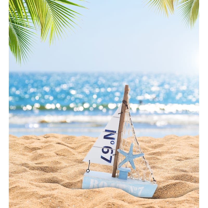 CoTa Global Blue Mist Sailboat Decor - Handmade Wooden Boat Decor - 8 Inch
