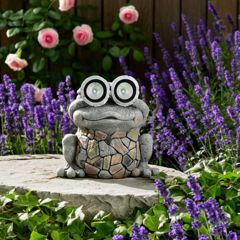 Resin Frog Statuary Solar-Powered Light-Up Goggles and Mosaic Texture