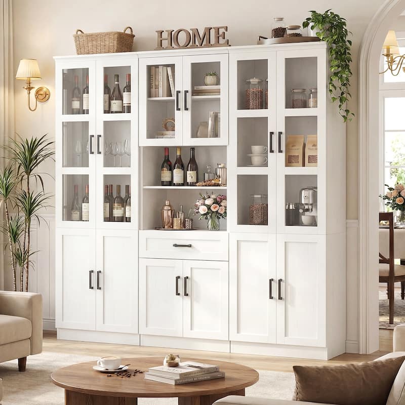 Set of 3 Freestanding Display Bookcase with Glass Doors & Adjustable Shelves & Drawer, for Living Room, Dining Room,Home Office.