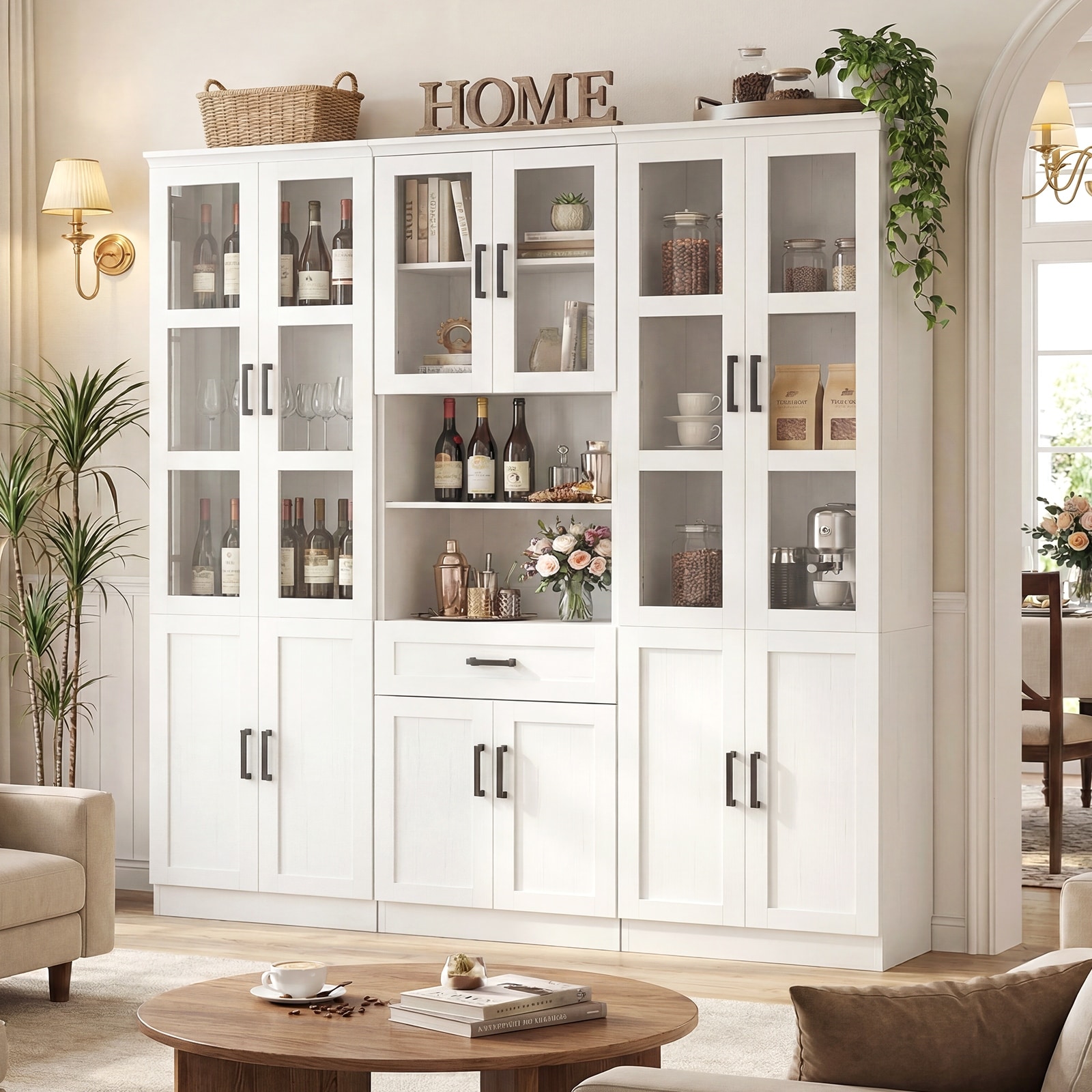 Set of 3 Wooden Kitchen Pantry Storage Cabinet, Tempered Glass Door, Adjustable Shelves, Drawer, 71" Wide, 80" Tall,12" Deep