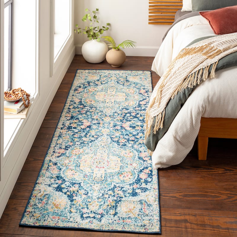 Livabliss Hal Vintage Boho Traditional Pink Medallion Area Rug - Navy - 2' 7" x 7' 6"