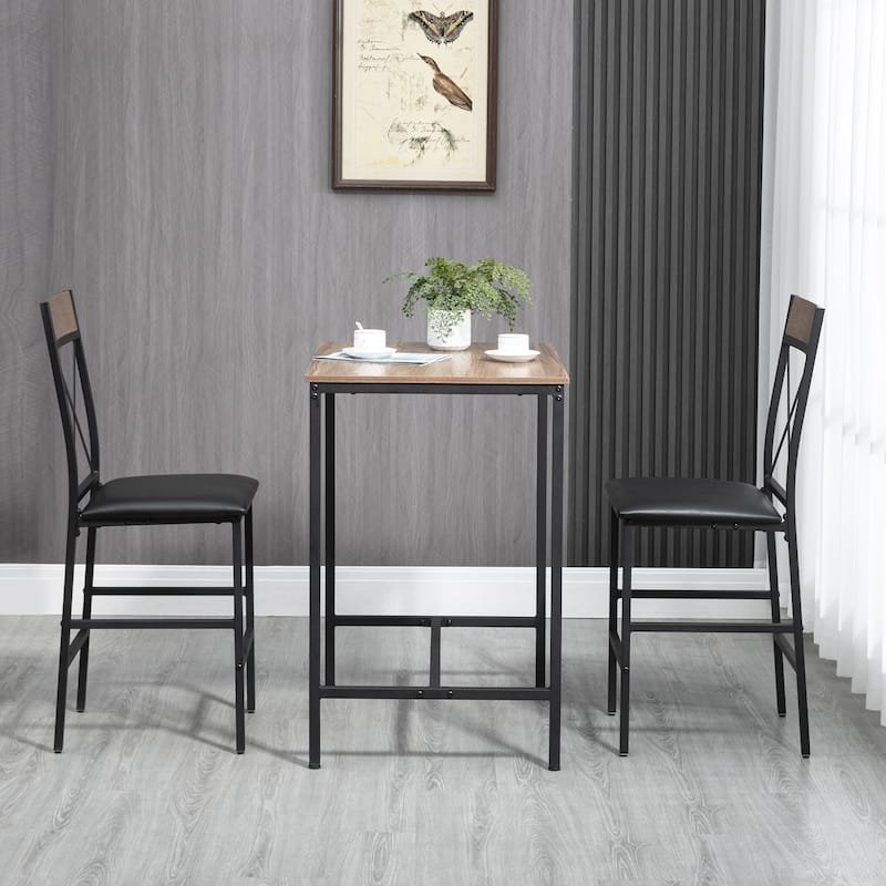 HOMCOM 3 Piece Dining Table Set, Bar Table and Chairs Set with PU Padded Stools and Steel Frame for Kitchen, Small Space, Brown