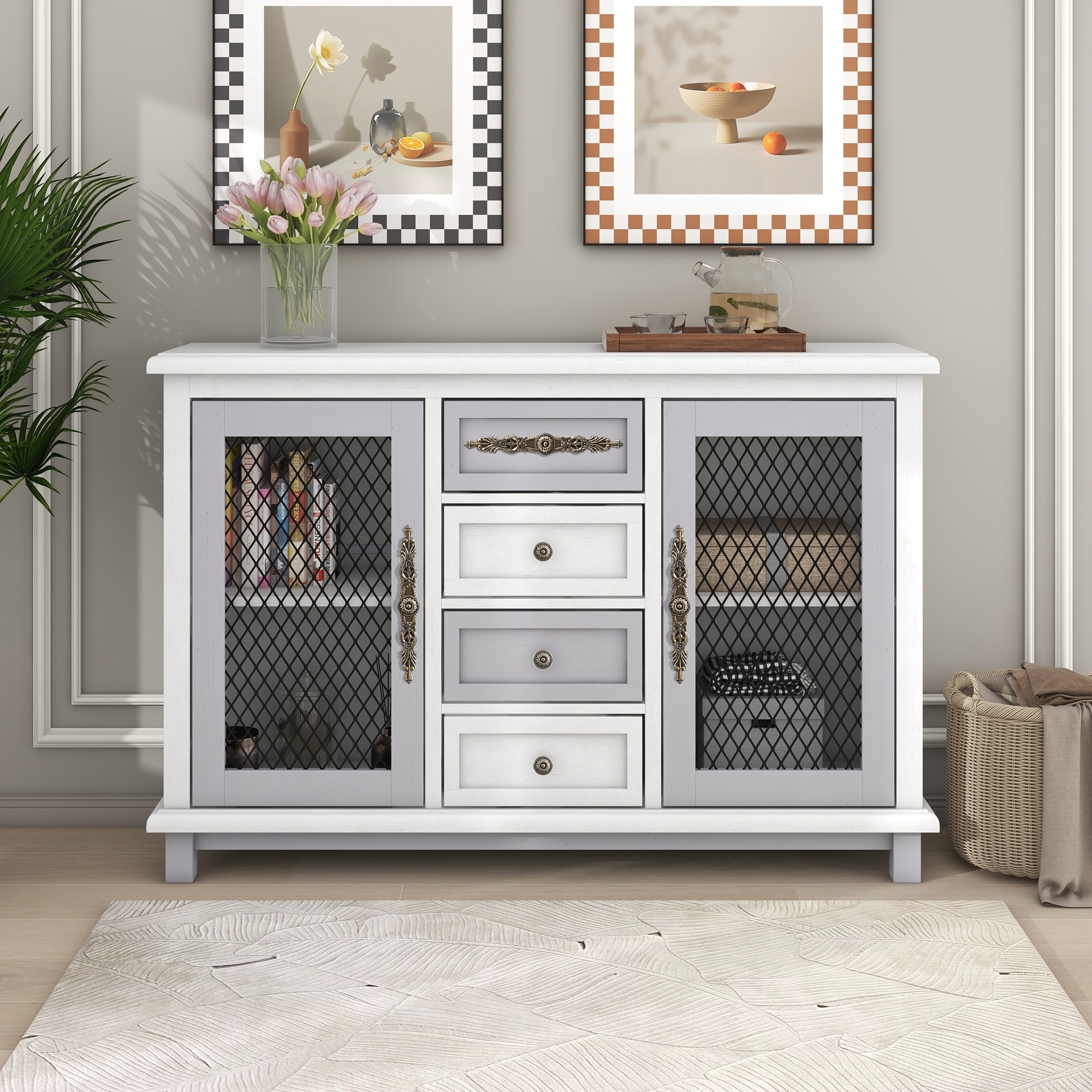 Nestfair Retro Style Console Table Cabinet with 4 Drawers and 2 Iron Mesh Doors