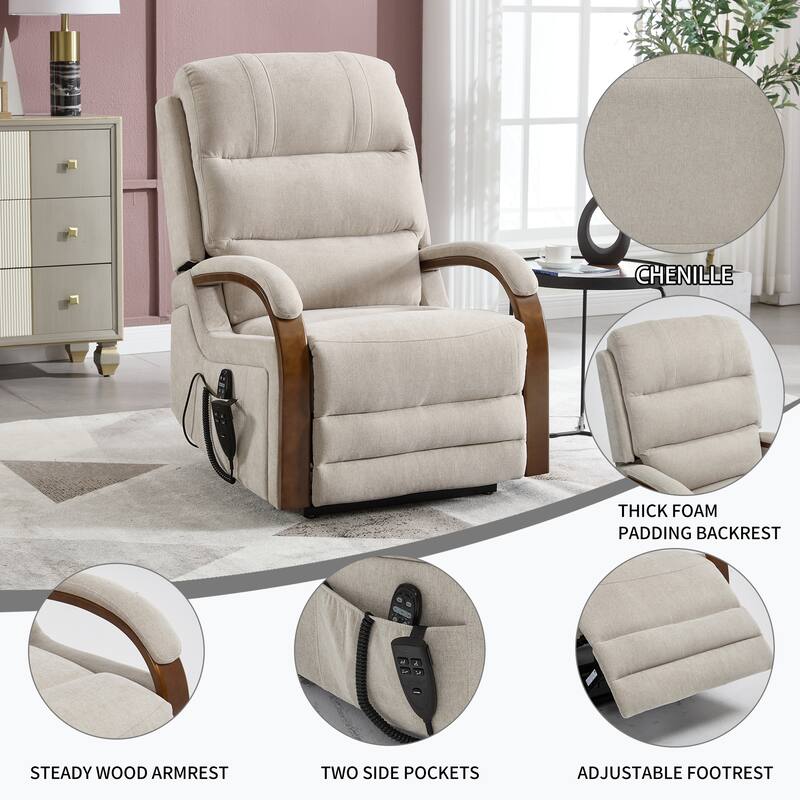 Dual Motor Power Lift Recliner Chair with Massage Heat and Wood Armrests
